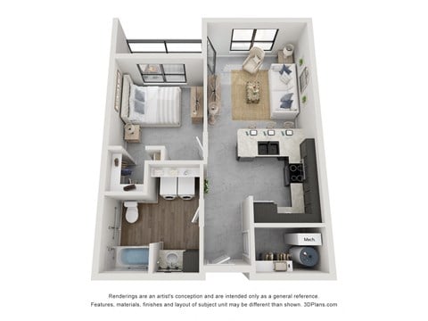 Floor plan for 1 bed, 1 bath, 663 sqft